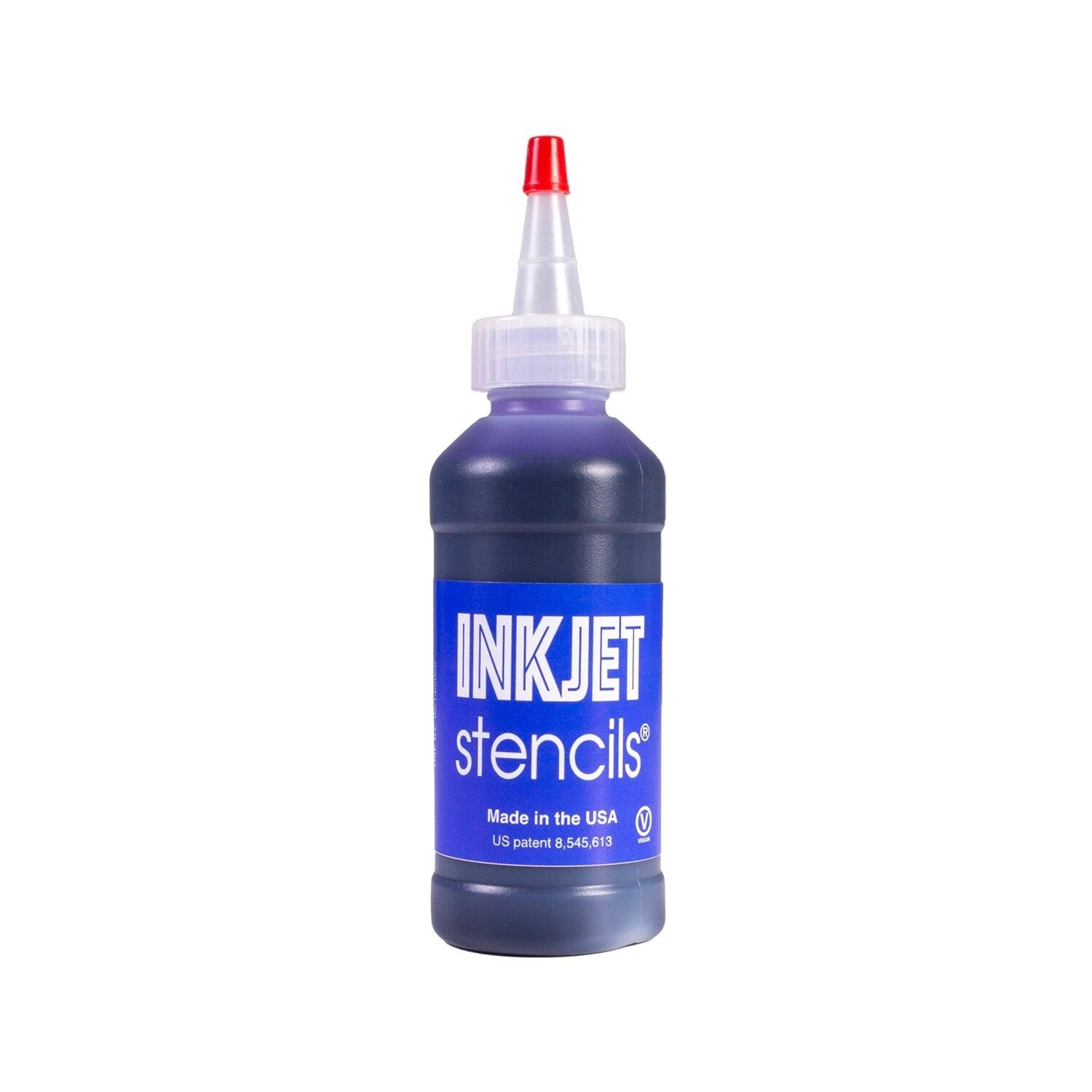 Bottle of INKJET stencils ink with blue liquid and white cap on a white background